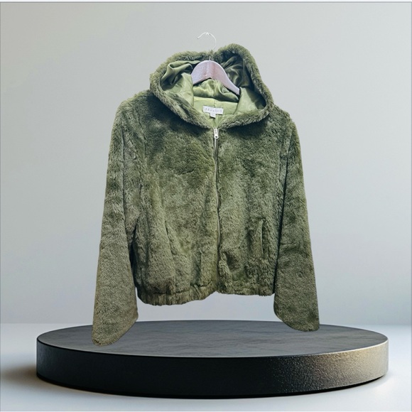 NEW 36point5 Women's Hoodied Jacket Pockets Faux Fur Zip Up in Green Size Large. - Picture 1 of 16